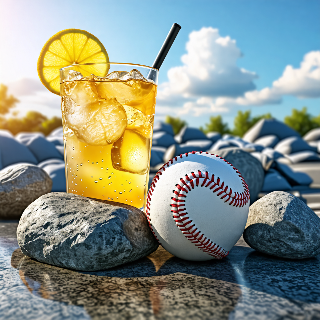 baseball, cell phone, lemonade, bed, rock